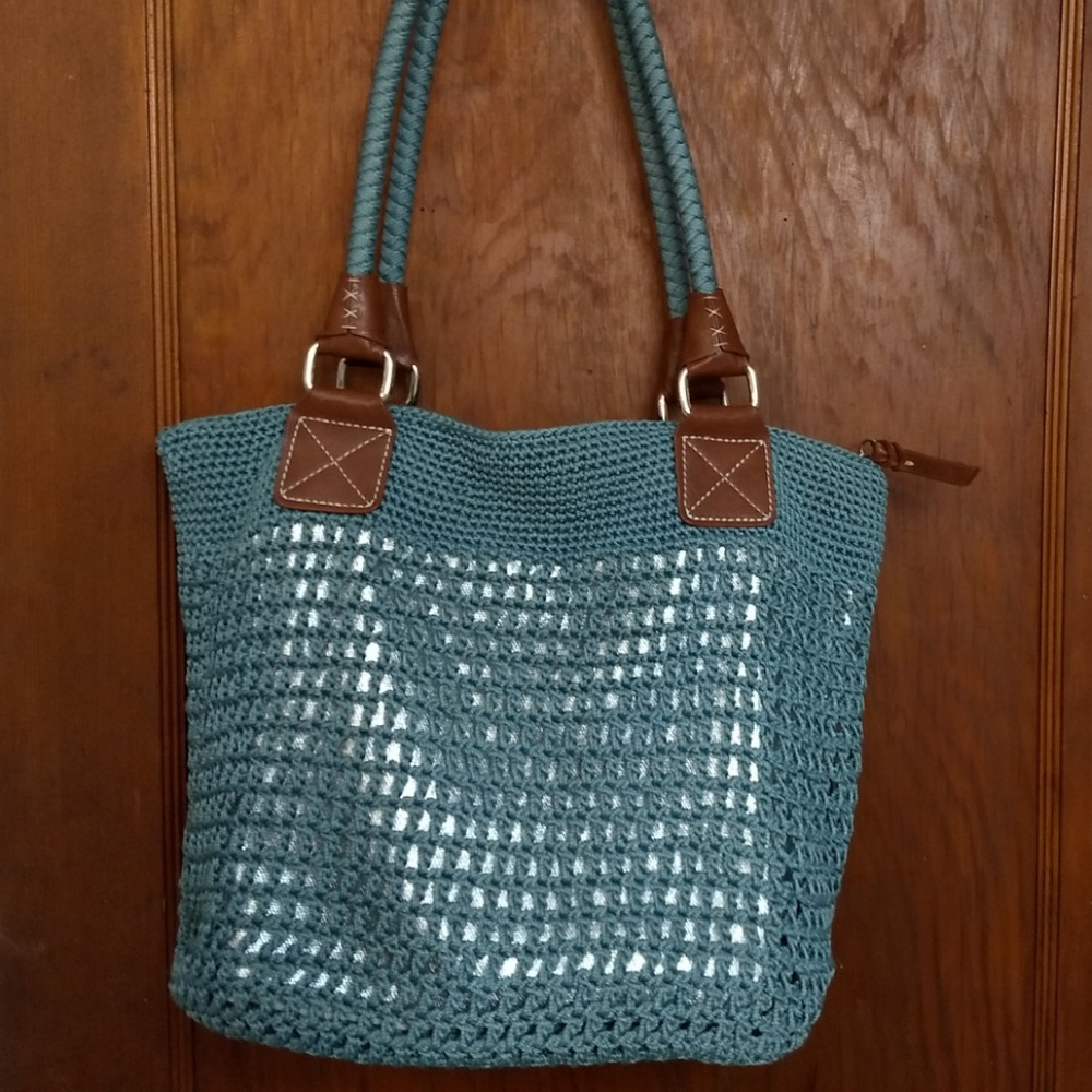 The Sak teal/silver crochet tote